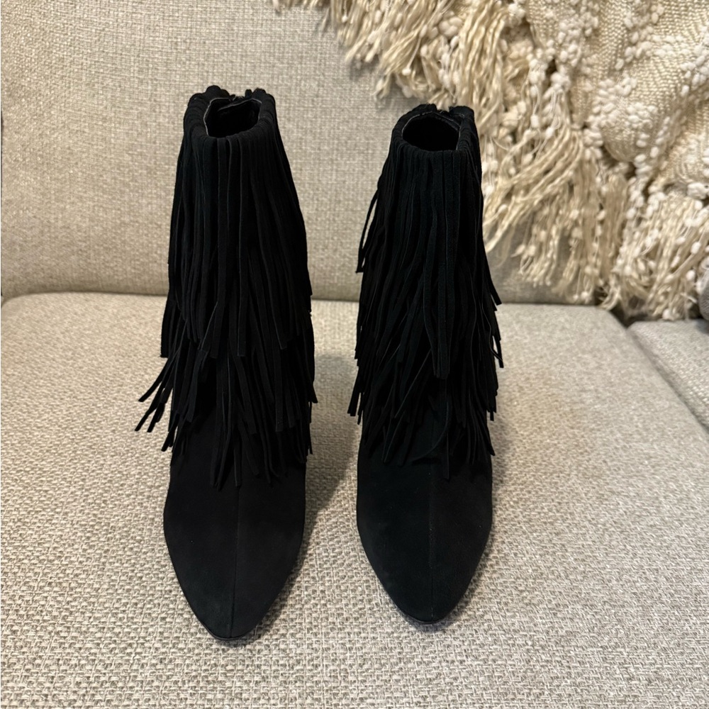 Zara Black Fringe Suede Ankle Boots with Pointed Toe